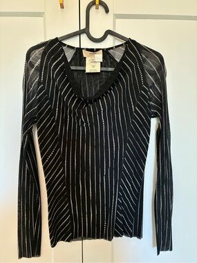 Fuzzi Black Long-Sleeve Sheer Stripe Knit Top